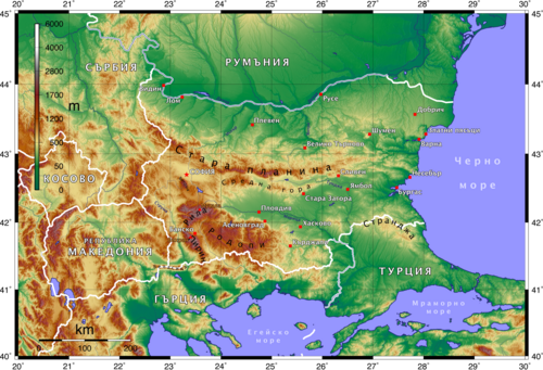 Topografická mapa Bulharska