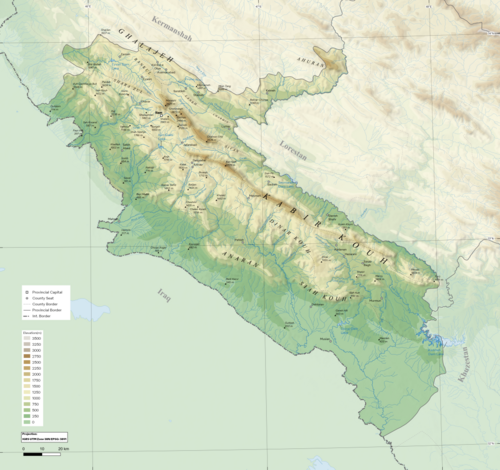 Topografická mapa provincie Ilam