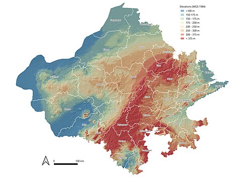 Topografická mapa státu Rádžastán s hranicemi