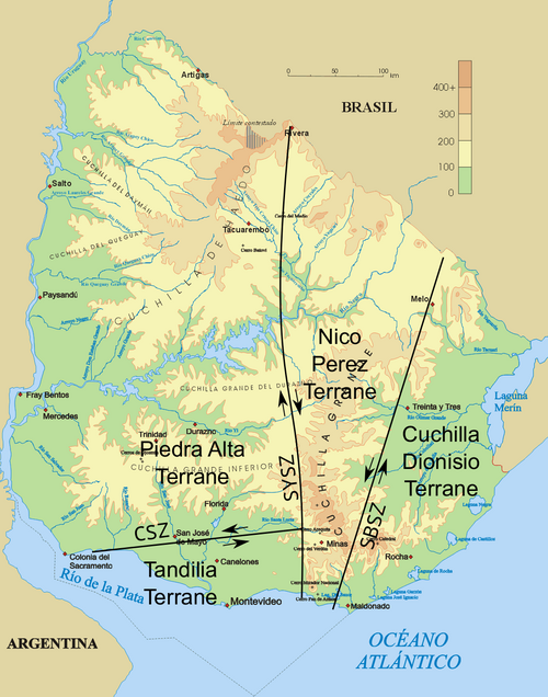 Fyzická mapa Uruguaye (SZ)