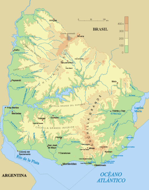 Fyzická mapa Uruguaye