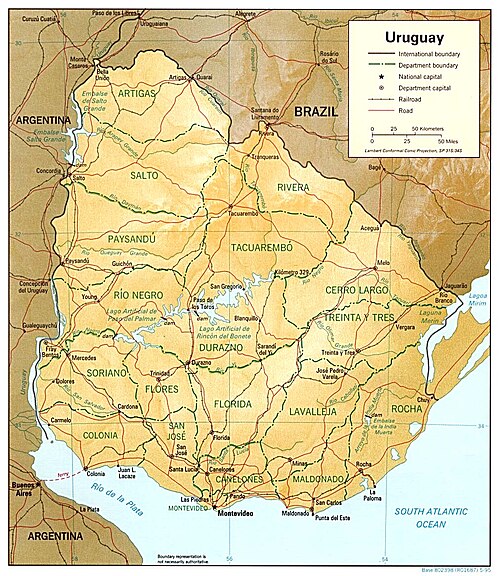 Mapa reliéfu Uruguaye 95