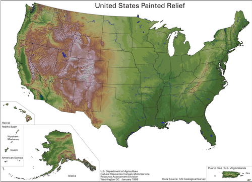 Malovaná mapa reliéfu USA