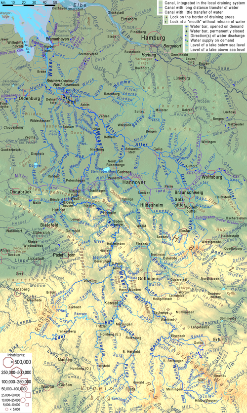 Weser povodí topografická mapa